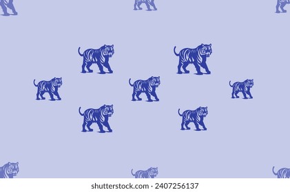 Seamless pattern of large isolated blue tiger symbols. The pattern is divided by a line of elements of lighter tones. Vector illustration on light blue background