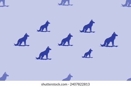 Seamless pattern of large isolated blue wild wolf symbols. The pattern is divided by a line of elements of lighter tones. Vector illustration on light blue background