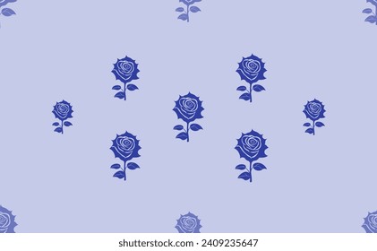 Nahtlose Muster großer, isolierter blauer Rosenblumen. Das Muster wird durch eine Linie von Elementen mit helleren Tönen geteilt. Vektorgrafik auf hellblauem Hintergrund