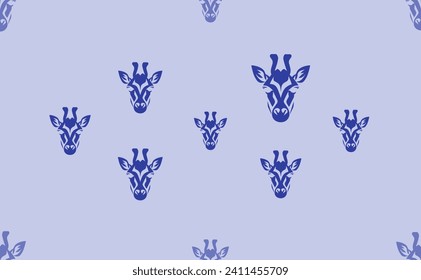 Seamless pattern of large isolated blue giraffe head symbols. The pattern is divided by a line of elements of lighter tones. Vector illustration on light blue background
