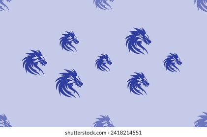 Seamless pattern of large isolated blue dragon's head symbols. The pattern is divided by a line of elements of lighter tones. Vector illustration on light blue background