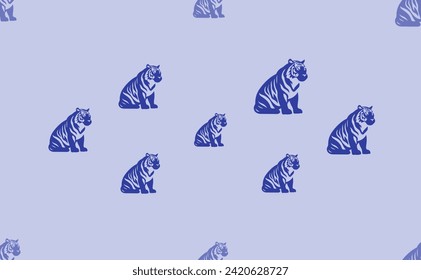 Seamless pattern of large isolated blue sitting tiger symbols. The pattern is divided by a line of elements of lighter tones. Vector illustration on light blue background