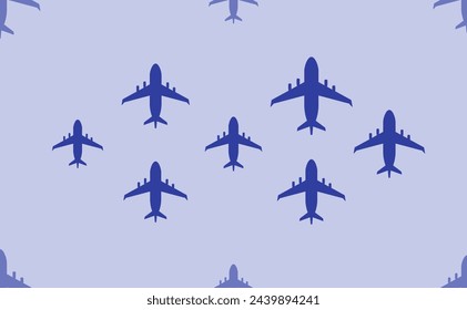 Seamless pattern of large isolated blue airplane symbols. The pattern is divided by a line of elements of lighter tones. Vector illustration on light blue background