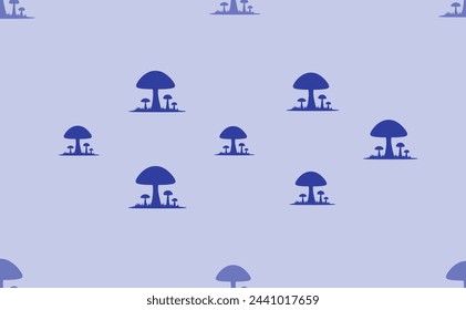 Seamless pattern of large isolated blue mushrooms symbols. The pattern is divided by a line of elements of lighter tones. Vector illustration on light blue background