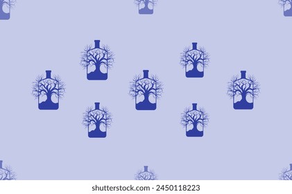 Seamless pattern of large isolated blue mystical tree in bottle symbols. The pattern is divided by a line of elements of lighter tones. Vector illustration on light blue background
