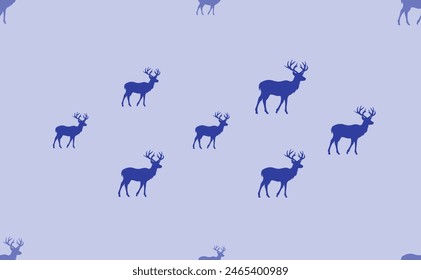 Seamless pattern of large isolated blue deer symbols. The pattern is divided by a line of elements of lighter tones. Vector illustration on light blue background