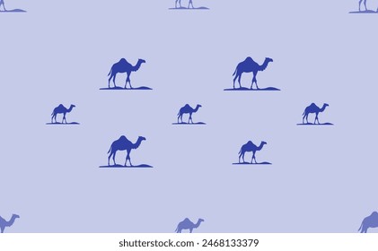 Seamless pattern of large isolated blue wild camel symbols. The pattern is divided by a line of elements of lighter tones. Vector illustration on light blue background