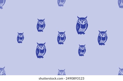 Seamless pattern of large isolated blue owl symbols. The pattern is divided by a line of elements of lighter tones. Vector illustration on light blue background