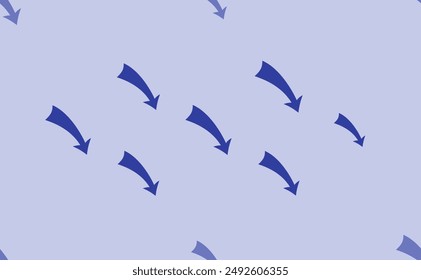 Seamless pattern of large isolated blue down arrows. The pattern is divided by a line of elements of lighter tones. Vector illustration on light blue background