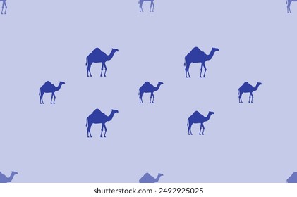 Seamless pattern of large isolated blue camel symbols. The pattern is divided by a line of elements of lighter tones. Vector illustration on light blue background