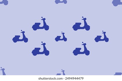 Seamless pattern of large isolated blue scooter symbols. The pattern is divided by a line of elements of lighter tones. Vector illustration on light blue background