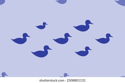 Seamless pattern of large isolated blue duck symbols. The pattern is divided by a line of elements of lighter tones. Vector illustration on light blue background