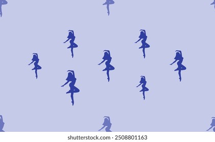 Seamless pattern of large isolated blue ballerina symbols. The pattern is divided by a line of elements of lighter tones. Vector illustration on light blue background