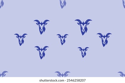 Seamless pattern of large isolated blue goat head symbols. The pattern is divided by a line of elements of lighter tones. Vector illustration on light blue background