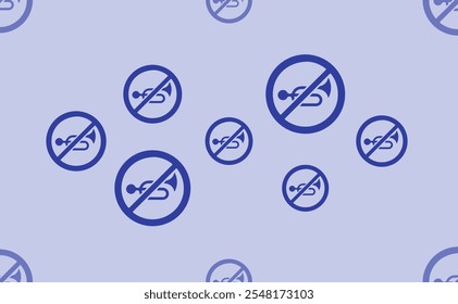 Seamless pattern of large isolated blue horning prohibited signs. The pattern is divided by a line of elements of lighter tones. Vector illustration on light blue background