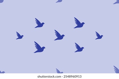 Seamless pattern of large isolated blue bird symbols. The pattern is divided by a line of elements of lighter tones. Vector illustration on light blue background