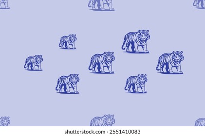 Padrão contínuo de grandes símbolos isolados de tigre azul. O padrão é dividido por uma linha de elementos de tons mais claros. Ilustração vetorial no plano de fundo azul claro