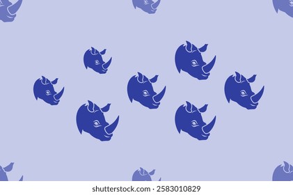 Seamless pattern of large isolated blue rhino head logos. The pattern is divided by a line of elements of lighter tones. Vector illustration on light blue background