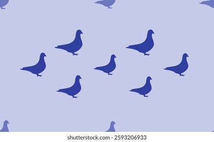 Seamless pattern of large isolated blue bird pigeon symbols. The pattern is divided by a line of elements of lighter tones. Vector illustration on light blue background