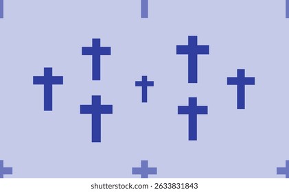 Seamless pattern of large isolated blue cross symbols. The pattern is divided by a line of elements of lighter tones. Vector illustration on light blue background