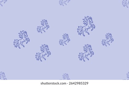 Seamless pattern of large isolated blue fiery horse symbols. The pattern is divided by a line of elements of lighter tones. Vector illustration on light blue background