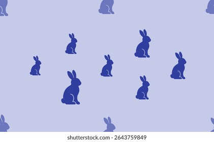 Seamless pattern of large isolated blue rabbit symbols. The pattern is divided by a line of elements of lighter tones. Vector illustration on light blue background