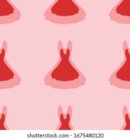 Seamless pattern of large isolated red flared dress symbols. The elements are evenly spaced. Vector illustration on light red background