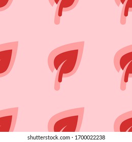 Seamless pattern of large isolated red leaf symbols. The elements are evenly spaced. Vector illustration on light red background