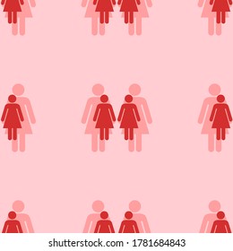 Seamless pattern of large isolated red woman with woman symbols. The elements are evenly spaced. Vector illustration on light red background