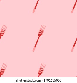 Seamless pattern of large isolated red forks. The elements are evenly spaced. Vector illustration on light red background