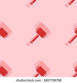 Seamless pattern of large isolated red sledgehammer symbols. The elements are evenly spaced. Vector illustration on light red background