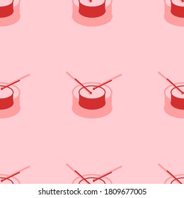Seamless pattern of large isolated red drum symbols. The elements are evenly spaced. Vector illustration on light red background