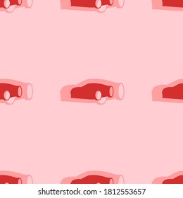 Seamless pattern of large isolated red sport car symbols. The elements are evenly spaced. Vector illustration on light red background