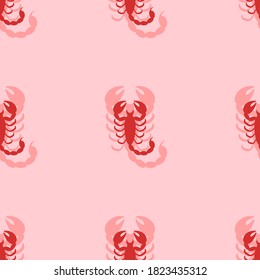 Seamless pattern of large isolated red scorpio symbols. The elements are evenly spaced. Vector illustration on light red background