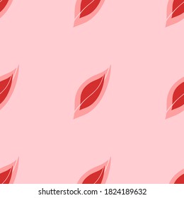 Seamless pattern of large isolated red leaflet symbols. The elements are evenly spaced. Vector illustration on light red background