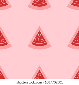 Seamless pattern of large isolated red slice of pizzas. The elements are evenly spaced. Vector illustration on light red background