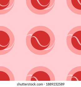 Seamless pattern of large isolated red tennis balls. The elements are evenly spaced. Vector illustration on light red background