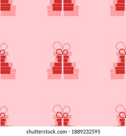 Seamless pattern of large isolated red set of giftss. The elements are evenly spaced. Vector illustration on light red background