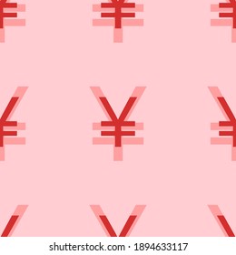 Seamless pattern of large isolated red yuan symbols. The elements are evenly spaced. Vector illustration on light red background