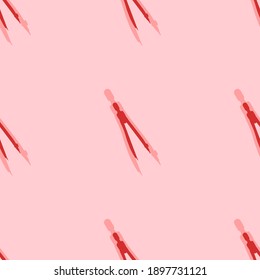 Seamless pattern of large isolated red compass dividers. The elements are evenly spaced. Vector illustration on light red background
