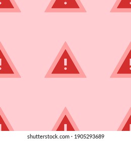 Seamless pattern of large isolated red warning symbols. The elements are evenly spaced. Vector illustration on light red background
