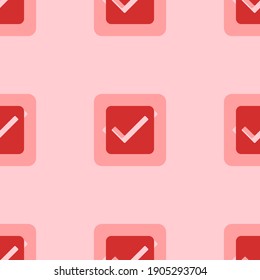 Seamless pattern of large isolated red checkbox symbols. The elements are evenly spaced. Vector illustration on light red background