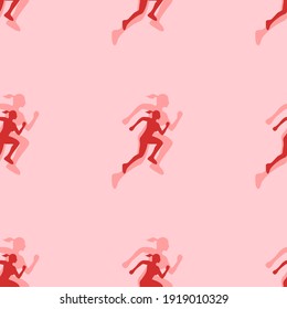 Seamless pattern of large isolated red running woman symbols. The elements are evenly spaced. Vector illustration on light red background
