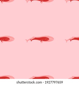 Seamless pattern of large isolated red whale symbols. The elements are evenly spaced. Vector illustration on light red background
