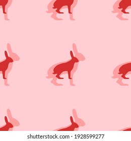 Seamless pattern of large isolated red hare symbols. The elements are evenly spaced. Vector illustration on light red background
