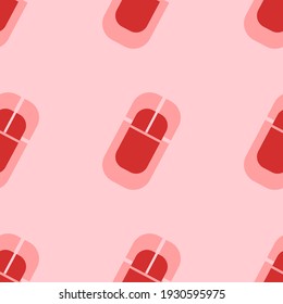 Seamless pattern of large isolated red computer mouse symbols. The elements are evenly spaced. Vector illustration on light red background
