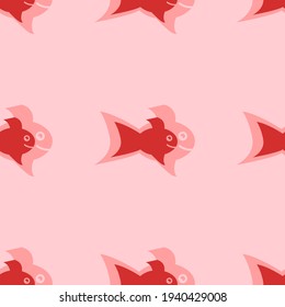 Seamless pattern of large isolated red gold fish symbols. The elements are evenly spaced. Vector illustration on light red background