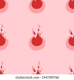 Seamless pattern of large isolated red fire symbols. The elements are evenly spaced. Vector illustration on light red background