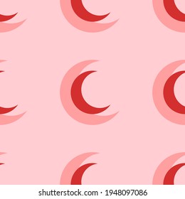 Seamless pattern of large isolated red moon symbols. The elements are evenly spaced. Vector illustration on light red background