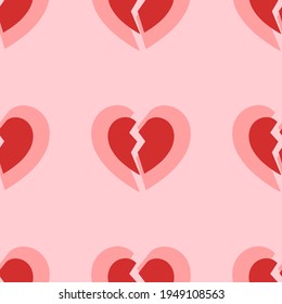 Seamless pattern of large isolated red broken heart symbols. The elements are evenly spaced. Vector illustration on light red background